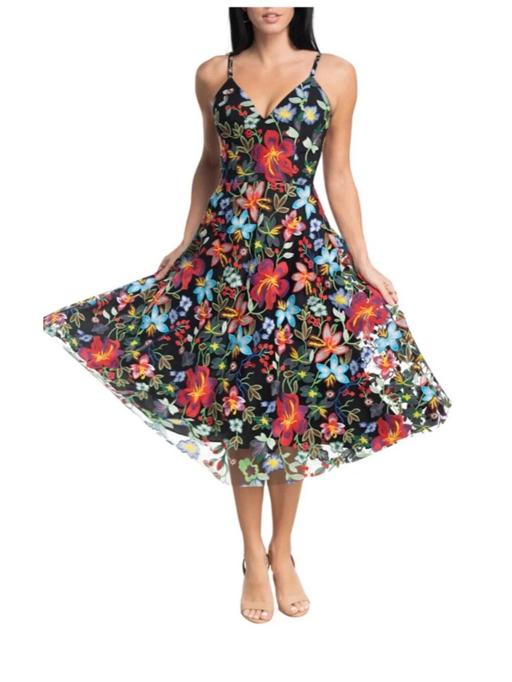 Dress the Population Maren Black Multi Color Floral Embroidered Midi Dress Sz L